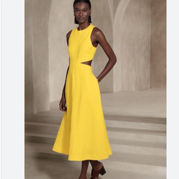 Banana Republic Dress Womens 8 Yellow Linen Blend Cutout A Line Summer Chic - Picture 1 of 9